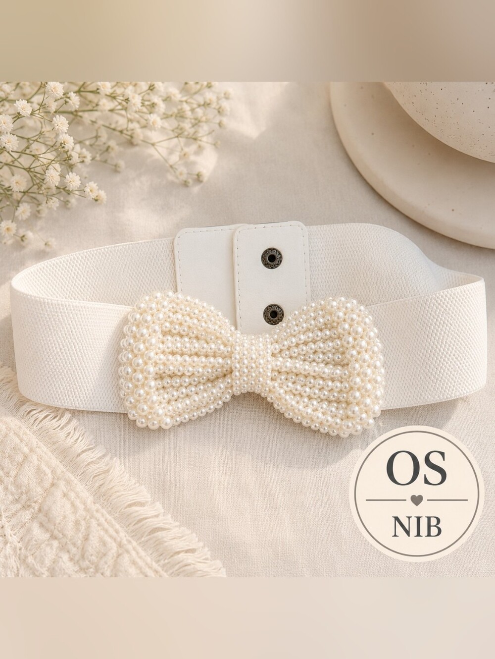 Ivory Faux Pearl Bow Stretch Waist Belt | Elastic Waist | One Size | NIB